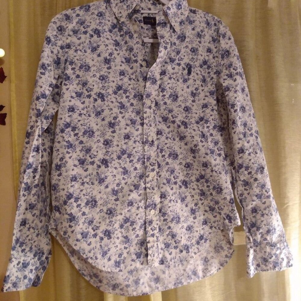 Ralph Lauren Long Sleeve Button-Down Floral Blouse White & Blue Size 8